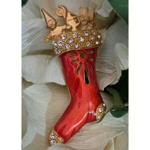 Vintage Red Enameled Christmas Stocking Brooch Filled Toys Gold Tone Rhinestones